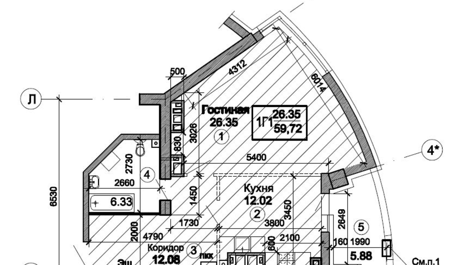 Планування 1-кімнатної квартири в ЖК Тріумф 63.55 м², фото 224741