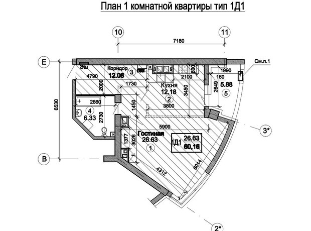 ЖК Триумф: планировка 1-комнатной квартиры 63.98 м²