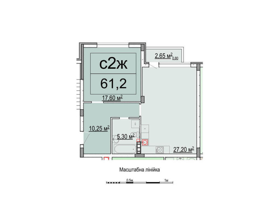 Планування 2-кімнатної квартири в ЖК Білий Шоколад 61.1 м², фото 224754 Планування 2-кімнатної квартири в ЖК Білий Шоколад 61.1 м², фото 224754