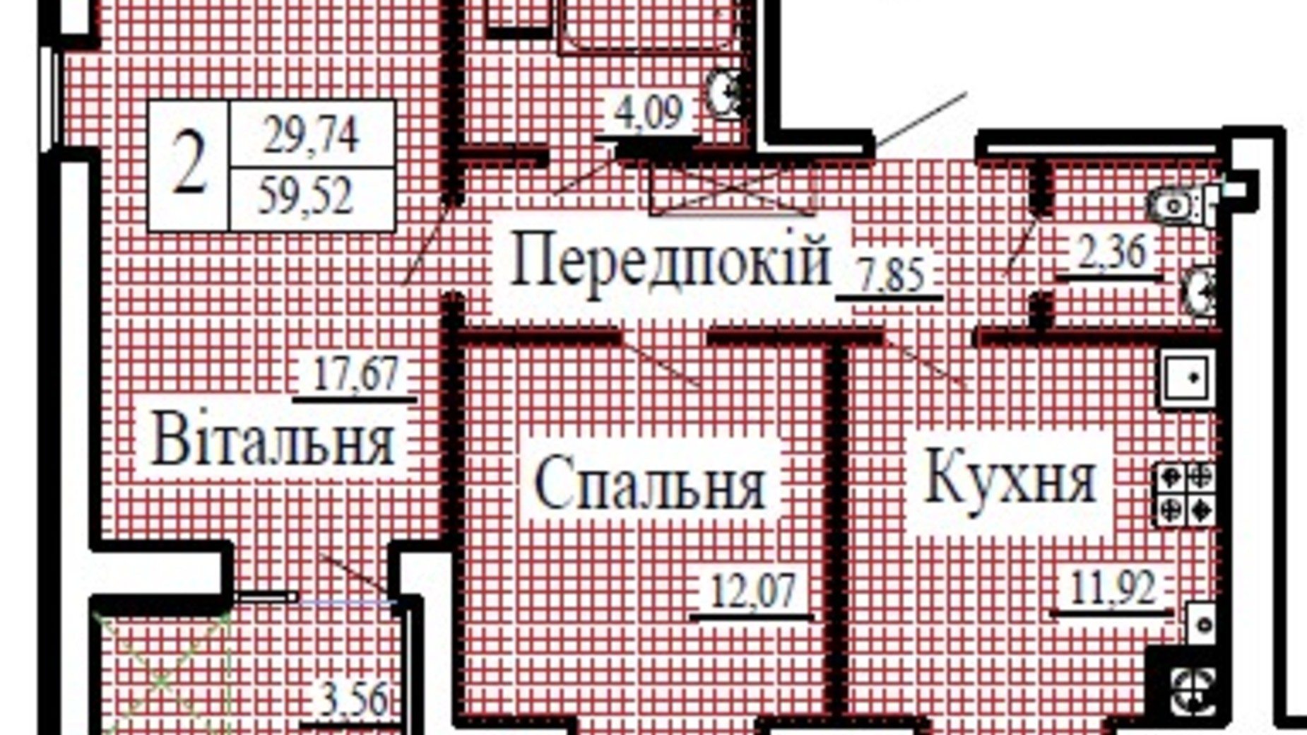 Планування 2-кімнатної квартири в ЖК Крила 59.52 м², фото 224781