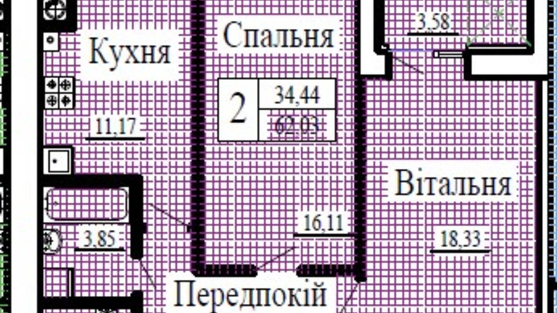 Планування 2-кімнатної квартири в ЖК Крила 62.03 м², фото 224783