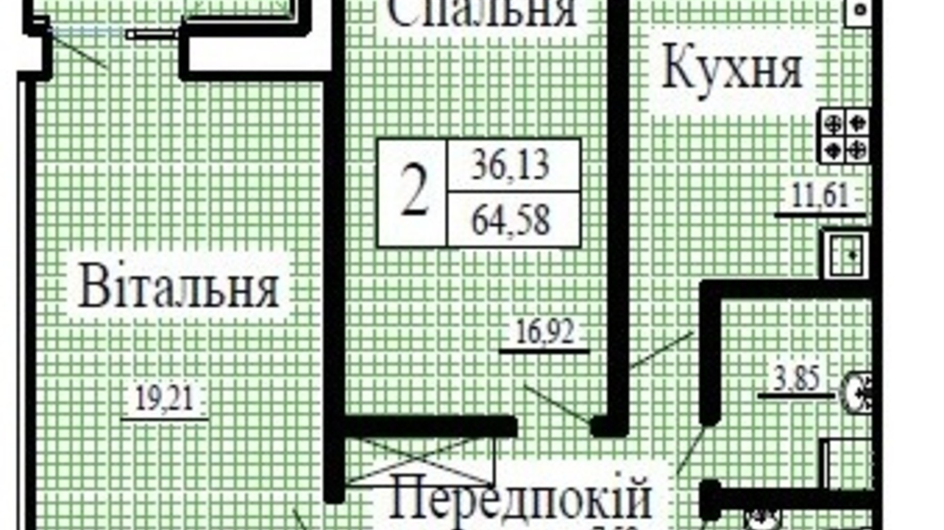 Планування 2-кімнатної квартири в ЖК Крила 64.58 м², фото 224786