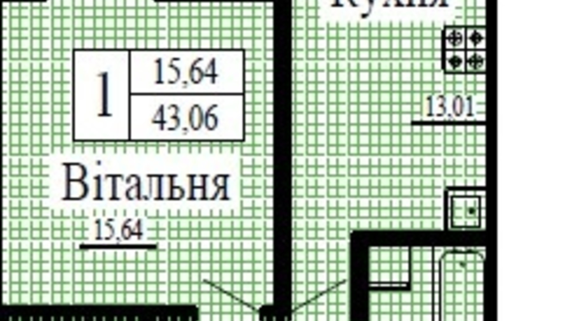 Планування 1-кімнатної квартири в ЖК Крила 43.06 м², фото 224799