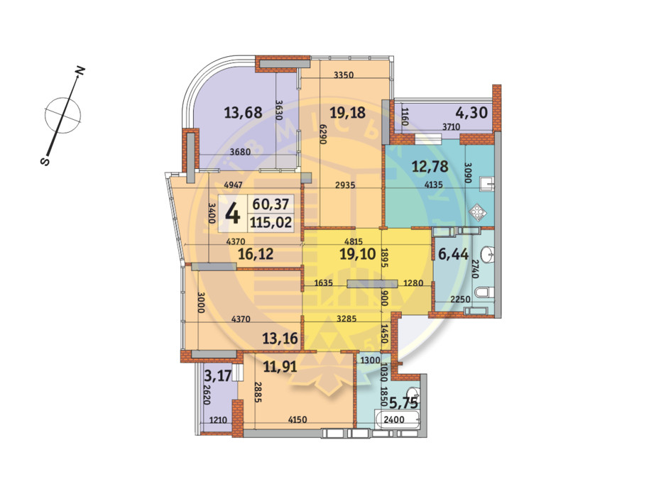 Планировка 4-комнатной квартиры в ЖК Урловский-2 115.02 м², фото 224964 Планировка 4-комнатной квартиры в ЖК Урловский-2 115.02 м², фото 224964