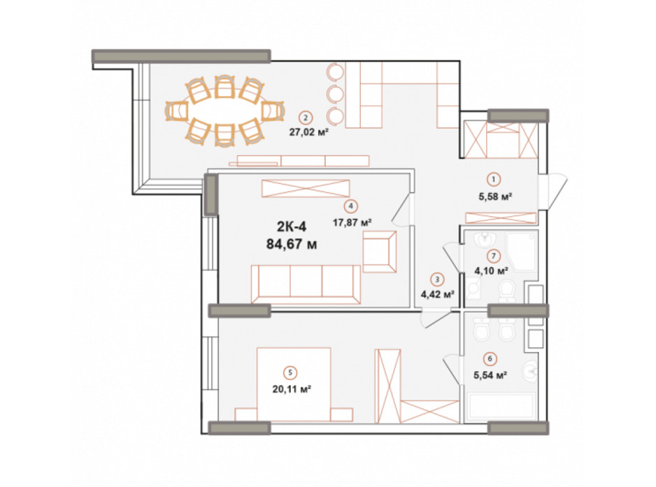 Планування 2-кімнатної квартири в ЖК Edelweiss House 84.74 м², фото 225052 Планування 2-кімнатної квартири в ЖК Edelweiss House 84.74 м², фото 225052