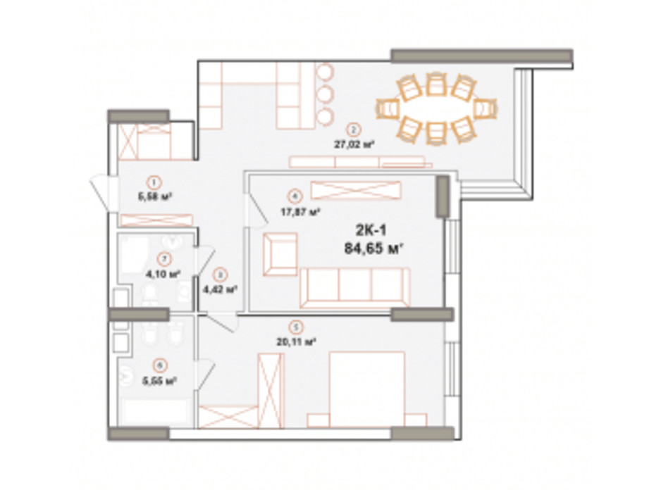 Планування 2-кімнатної квартири в ЖК Edelweiss House 84.74 м², фото 225053 Планування 2-кімнатної квартири в ЖК Edelweiss House 84.74 м², фото 225053