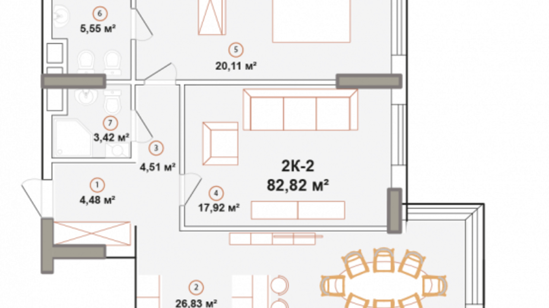 Планировка 2-комнатной квартиры в ЖК Edelweiss House 82.82 м², фото 225055