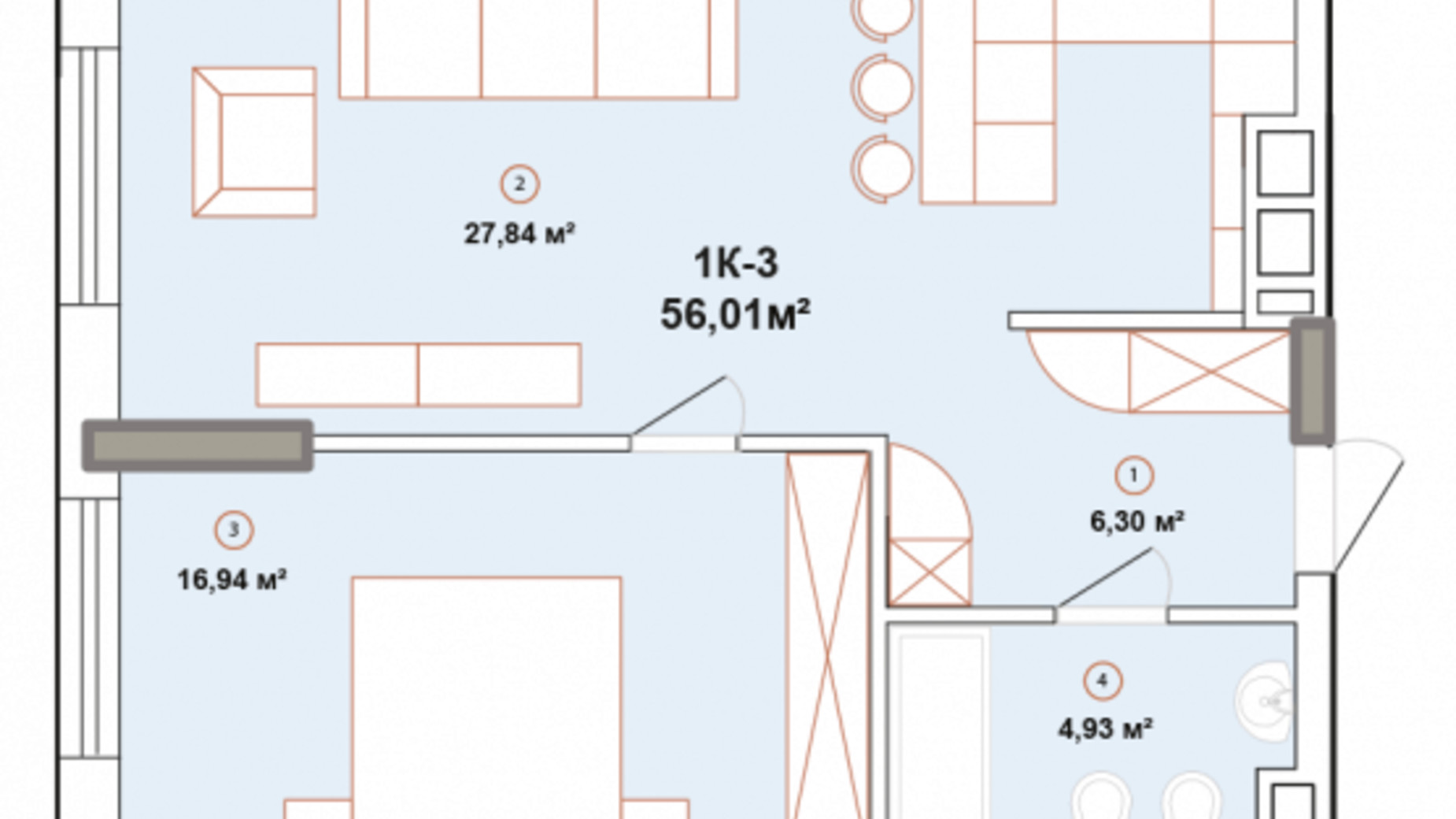 Планировка 1-комнатной квартиры в ЖК Edelweiss House 56.01 м², фото 225056