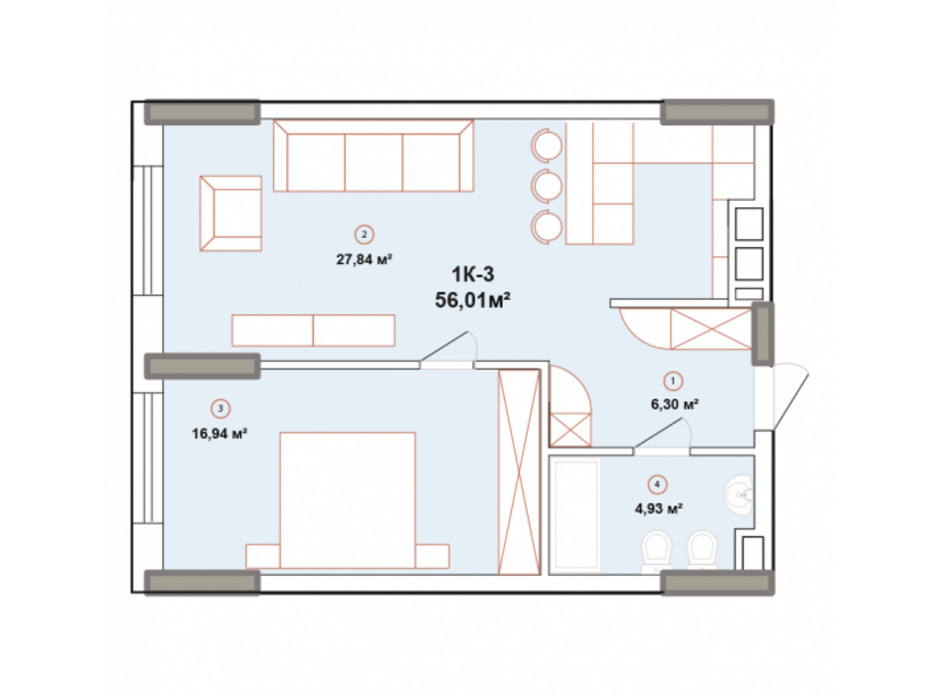 Планування 1-кімнатної квартири в ЖК Edelweiss House 56.01 м², фото 225056 Планування 1-кімнатної квартири в ЖК Edelweiss House 56.01 м², фото 225056