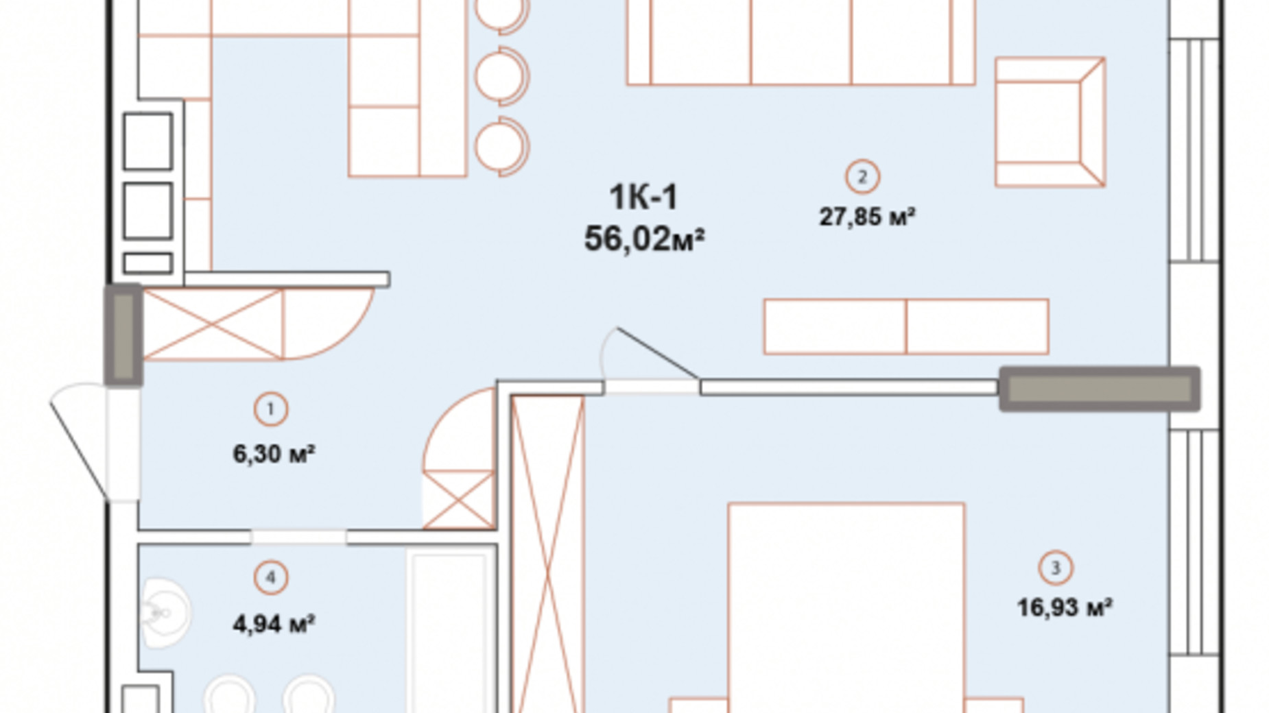 Планировка 1-комнатной квартиры в ЖК Edelweiss House 56.02 м², фото 225057