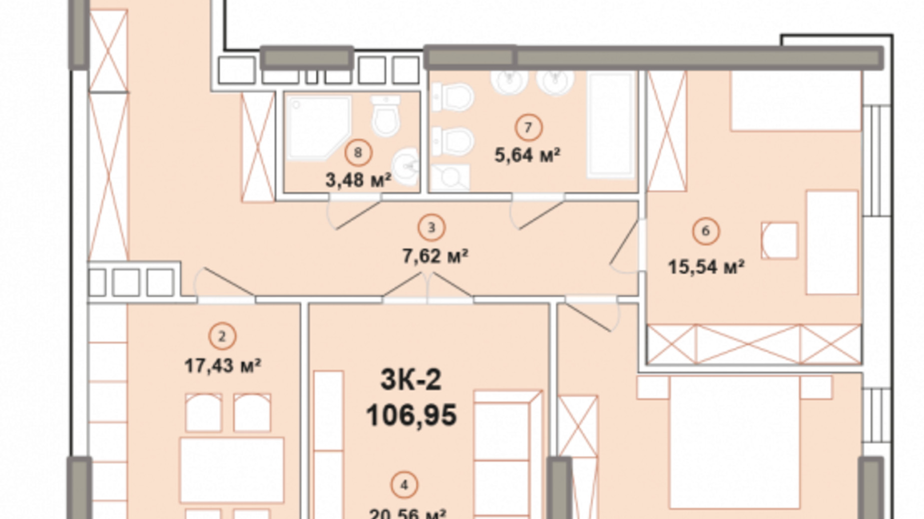 Планировка 3-комнатной квартиры в ЖК Edelweiss House 106.95 м², фото 225069