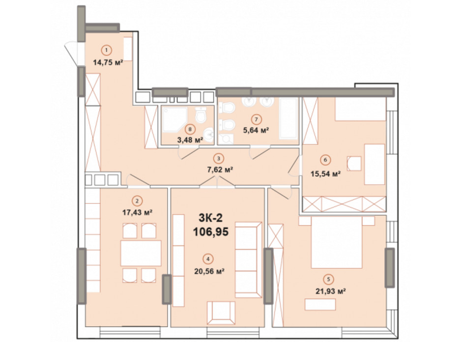 Планування 3-кімнатної квартири в ЖК Edelweiss House 106.95 м², фото 225069 Планування 3-кімнатної квартири в ЖК Edelweiss House 106.95 м², фото 225069