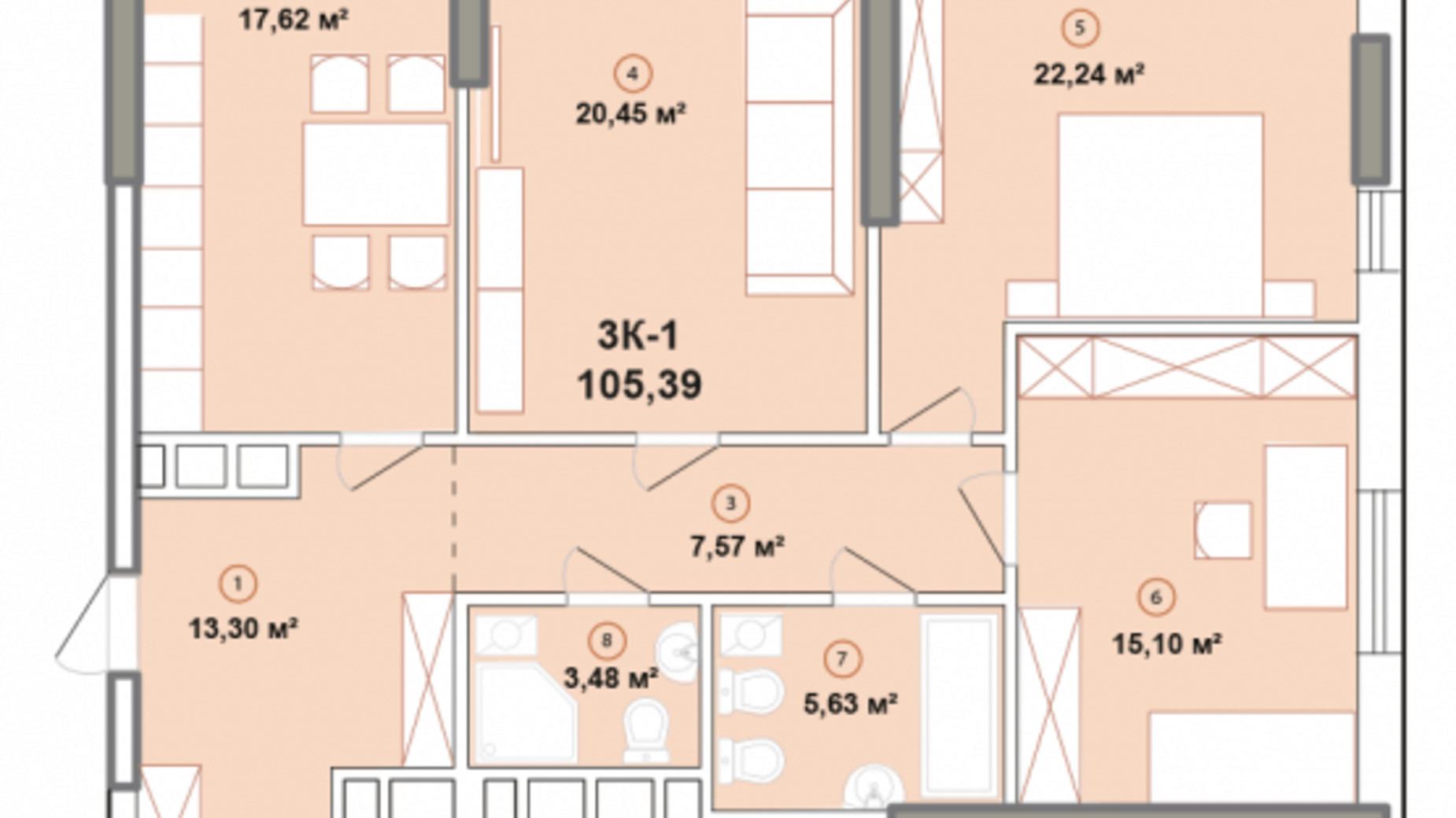 Планировка 3-комнатной квартиры в ЖК Edelweiss House 105.39 м², фото 225071