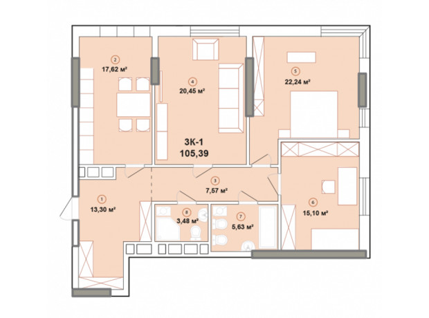 ЖК Edelweiss House: планування 3-кімнатної квартири 105.39 м²