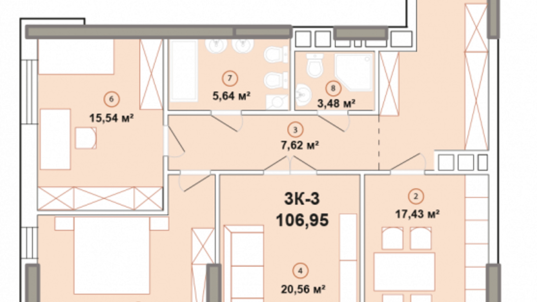 Планировка 3-комнатной квартиры в ЖК Edelweiss House 106.95 м², фото 225152