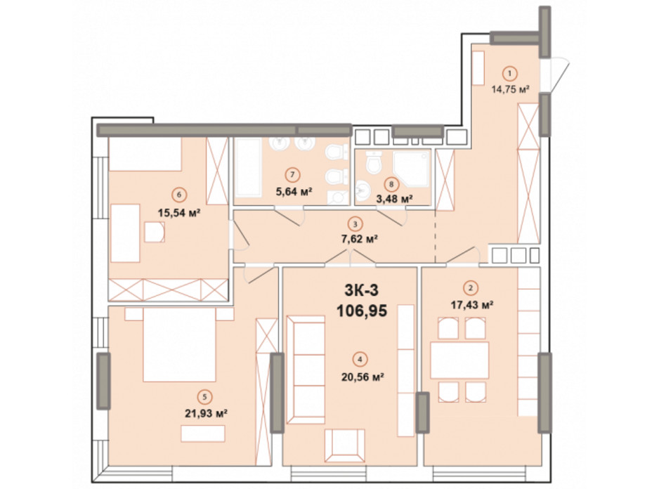 Планування 3-кімнатної квартири в ЖК Edelweiss House 106.95 м², фото 225152 Планування 3-кімнатної квартири в ЖК Edelweiss House 106.95 м², фото 225152