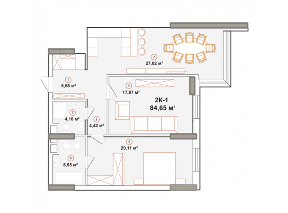 Планування 2-кімнатної квартири в ЖК Edelweiss House 84.65 м², фото 225173 Планування 2-кімнатної квартири в ЖК Edelweiss House 84.65 м², фото 225173