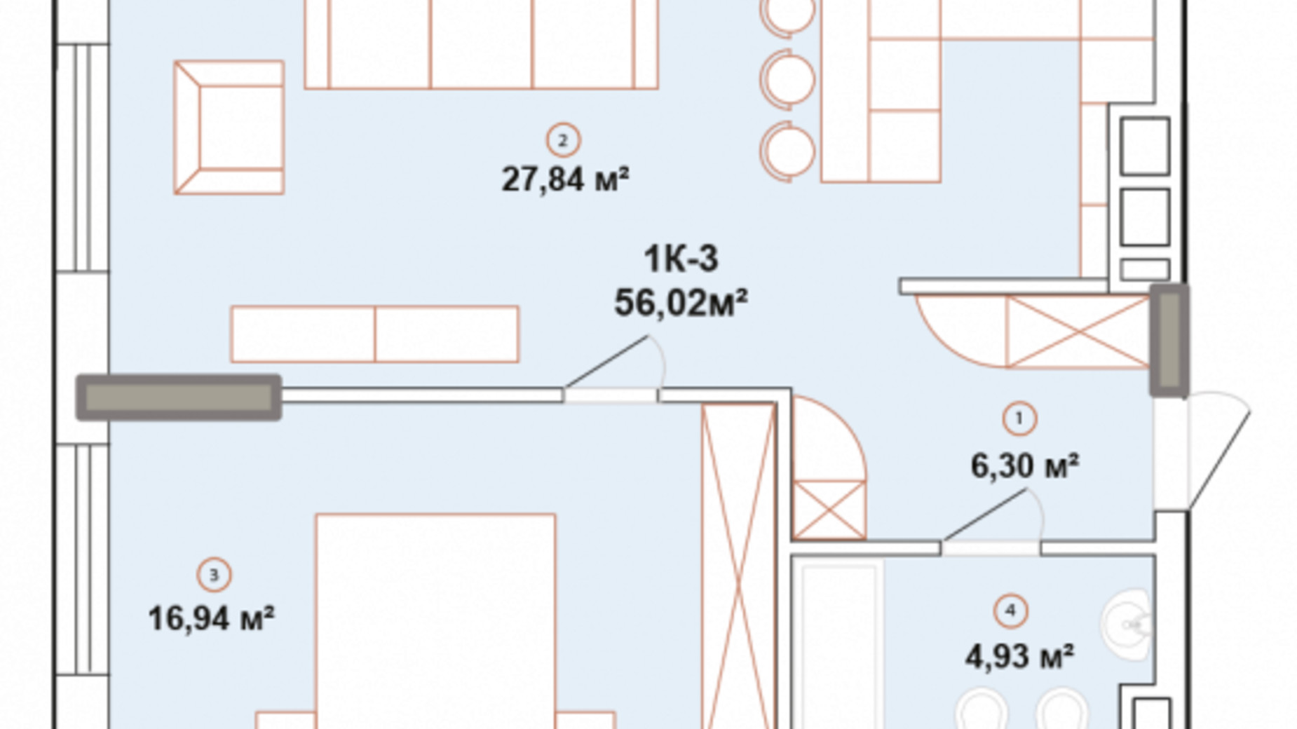 Планировка 1-комнатной квартиры в ЖК Edelweiss House 56.01 м², фото 225175