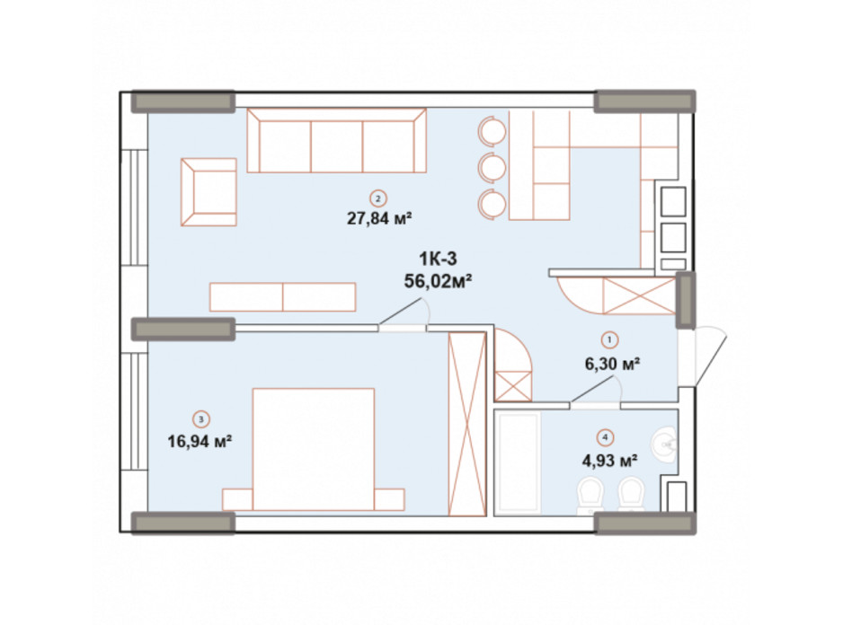 Планування 1-кімнатної квартири в ЖК Edelweiss House 56.01 м², фото 225175 Планування 1-кімнатної квартири в ЖК Edelweiss House 56.01 м², фото 225175