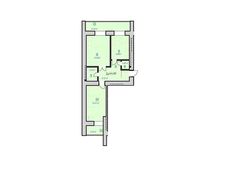 Планировка 2-комнатной квартиры в ЖК Юбилейный 64 м², фото 225287 Планировка 2-комнатной квартиры в ЖК Юбилейный 64 м², фото 225287