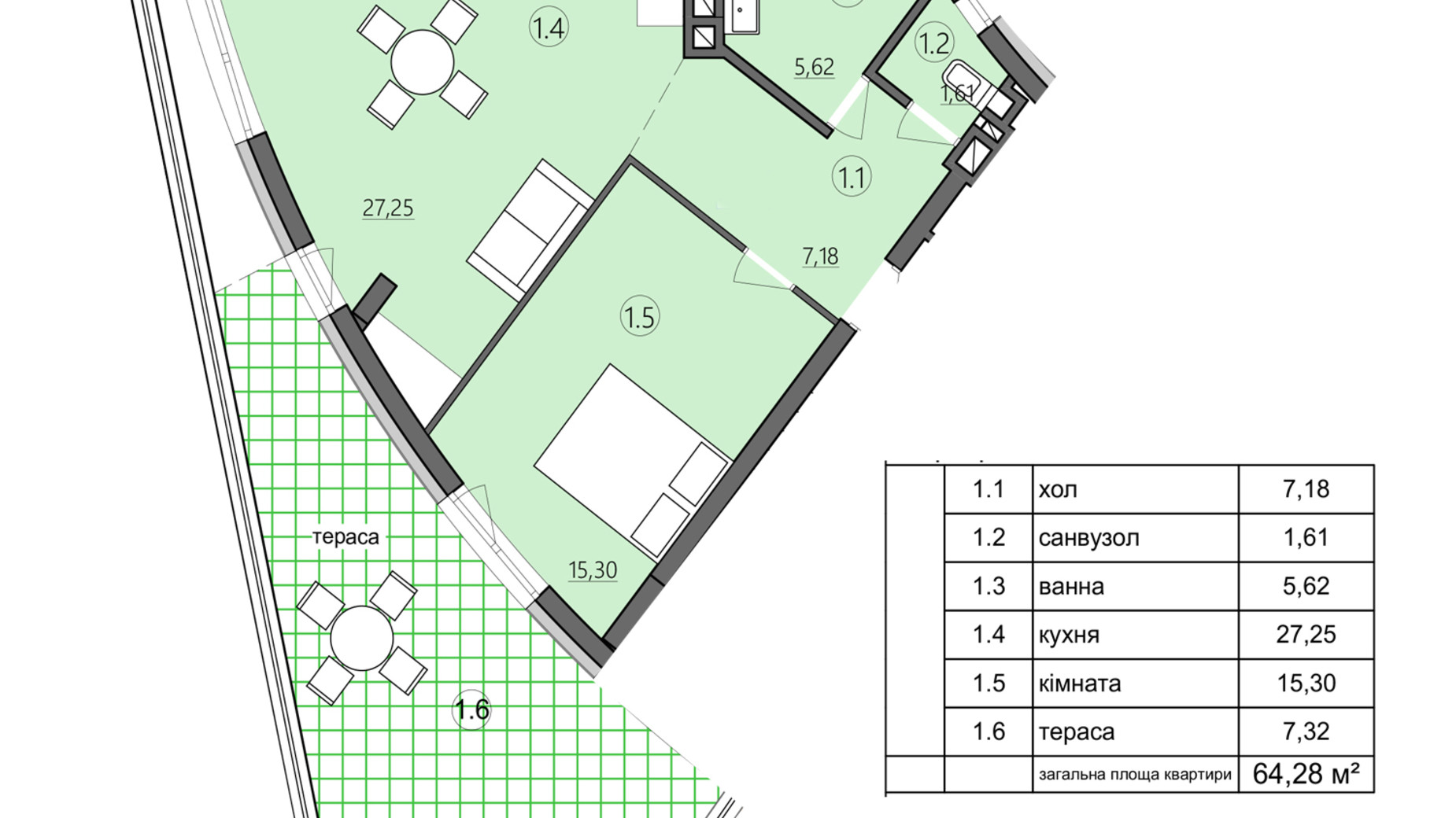 Планировка 1-комнатной квартиры в ЖК Там где дом 64.28 м², фото 225572