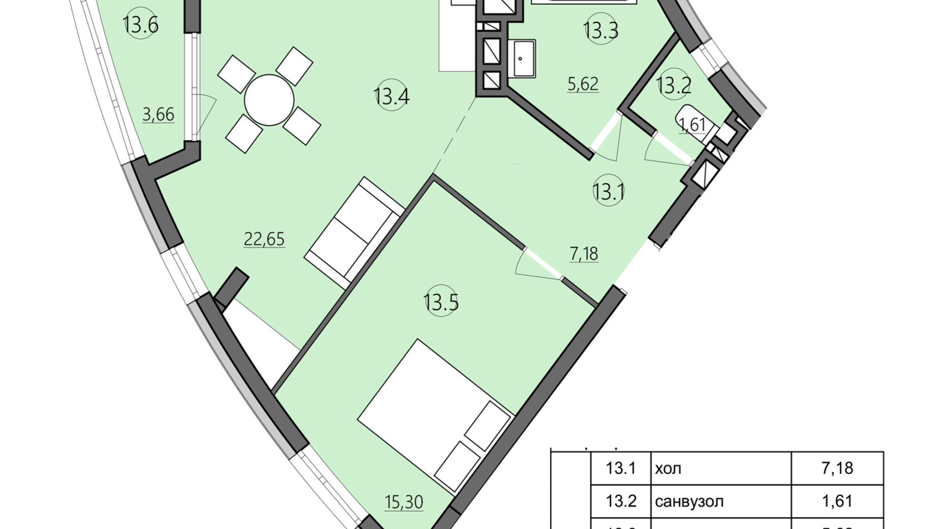 Планування 1-кімнатної квартири в ЖК Там де дім 56.02 м², фото 225573