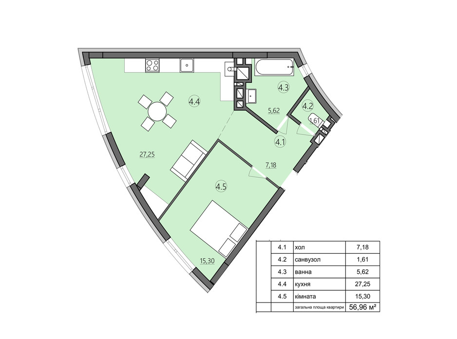 Планировка 1-комнатной квартиры в ЖК Там где дом 56.96 м², фото 225574 Планировка 1-комнатной квартиры в ЖК Там где дом 56.96 м², фото 225574
