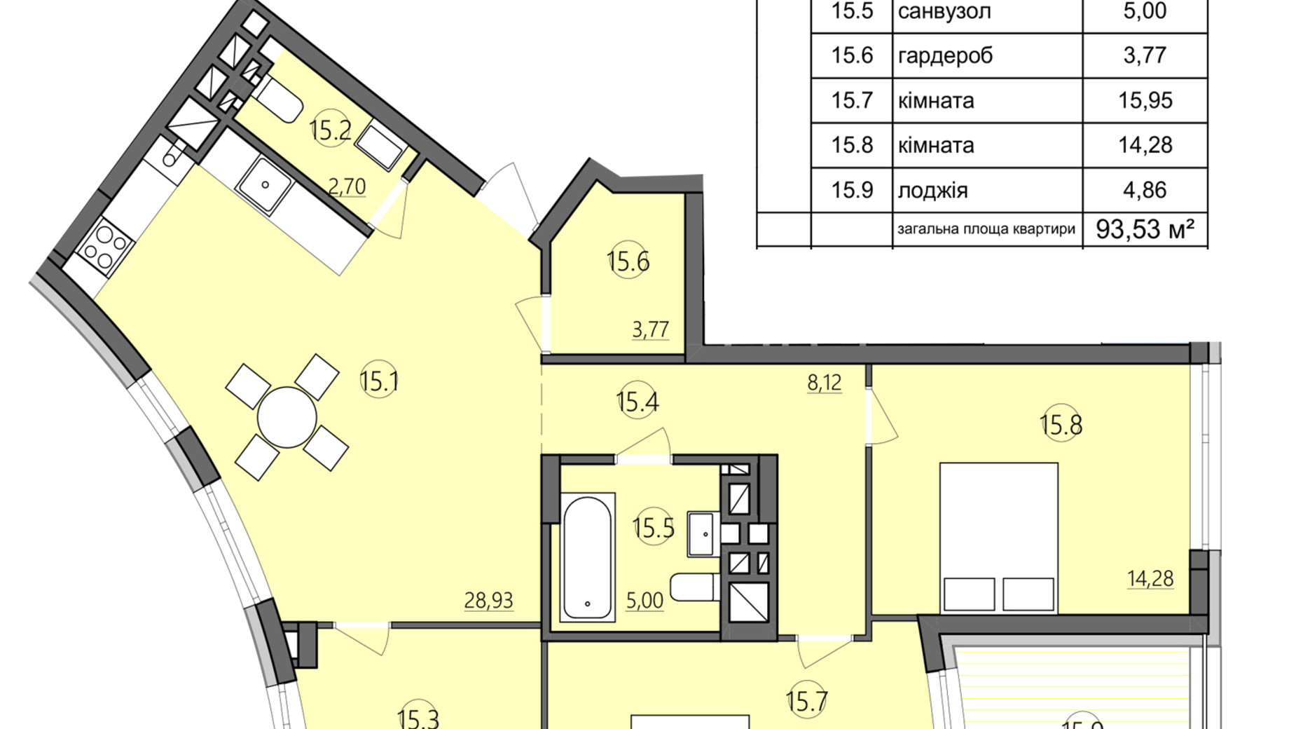 Планування 3-кімнатної квартири в ЖК Там де дім 93.53 м², фото 225575