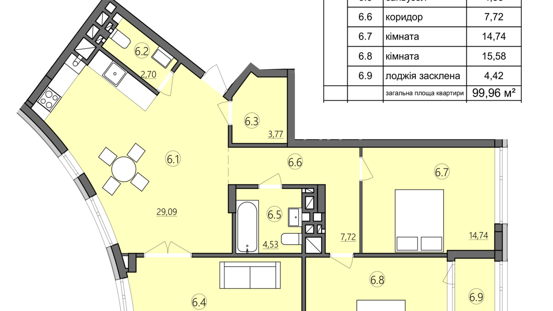 Планировка 3-комнатной квартиры в ЖК Там где дом 99.96 м², фото 225576