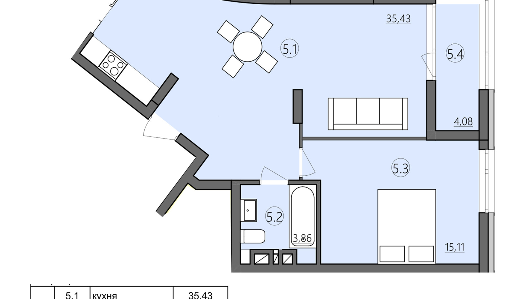 Планировка 1-комнатной квартиры в ЖК Там где дом 58.48 м², фото 225577