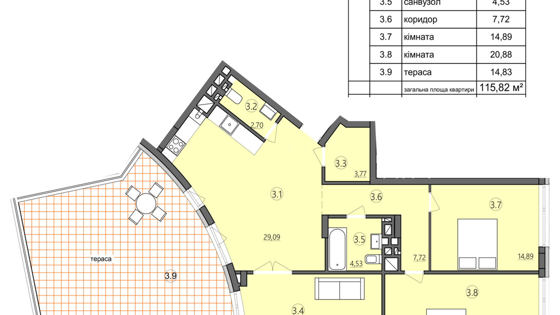 Планування 3-кімнатної квартири в ЖК Там де дім 115.82 м², фото 225578