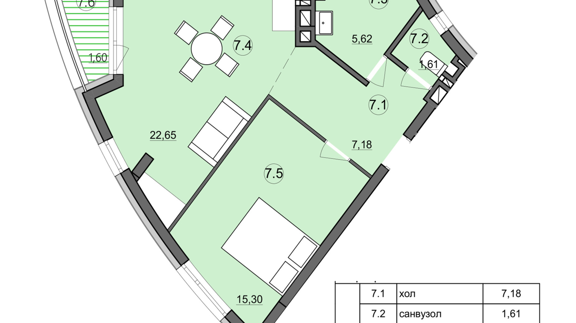 Планування 1-кімнатної квартири в ЖК Там де дім 53.96 м², фото 225580