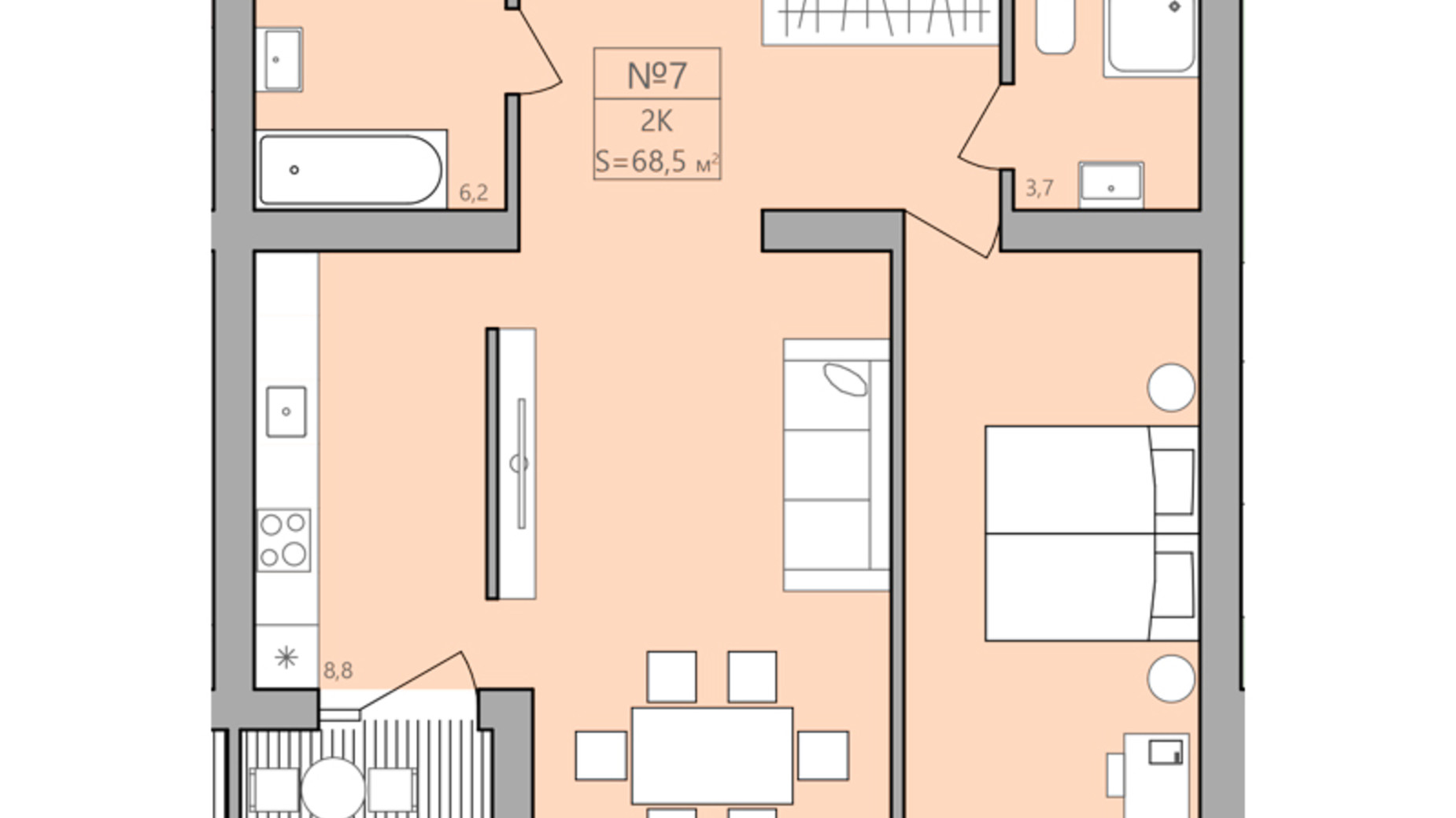 Планування 2-кімнатної квартири в ЖК ЕкоДім 68.5 м², фото 225584