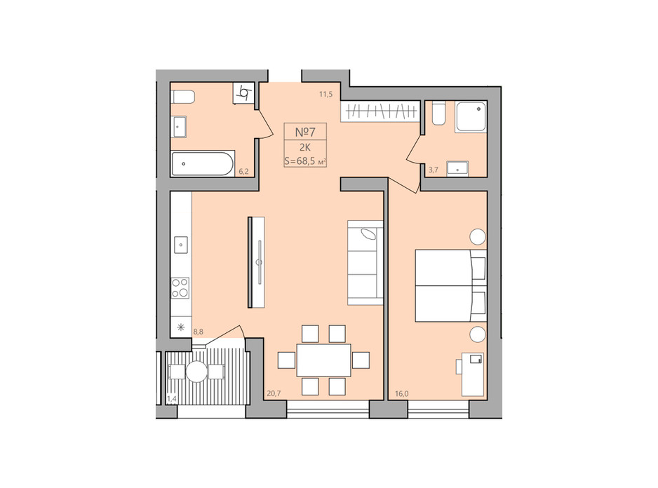 Планування 2-кімнатної квартири в ЖК ЕкоДім 68.5 м², фото 225584 Планування 2-кімнатної квартири в ЖК ЕкоДім 68.5 м², фото 225584