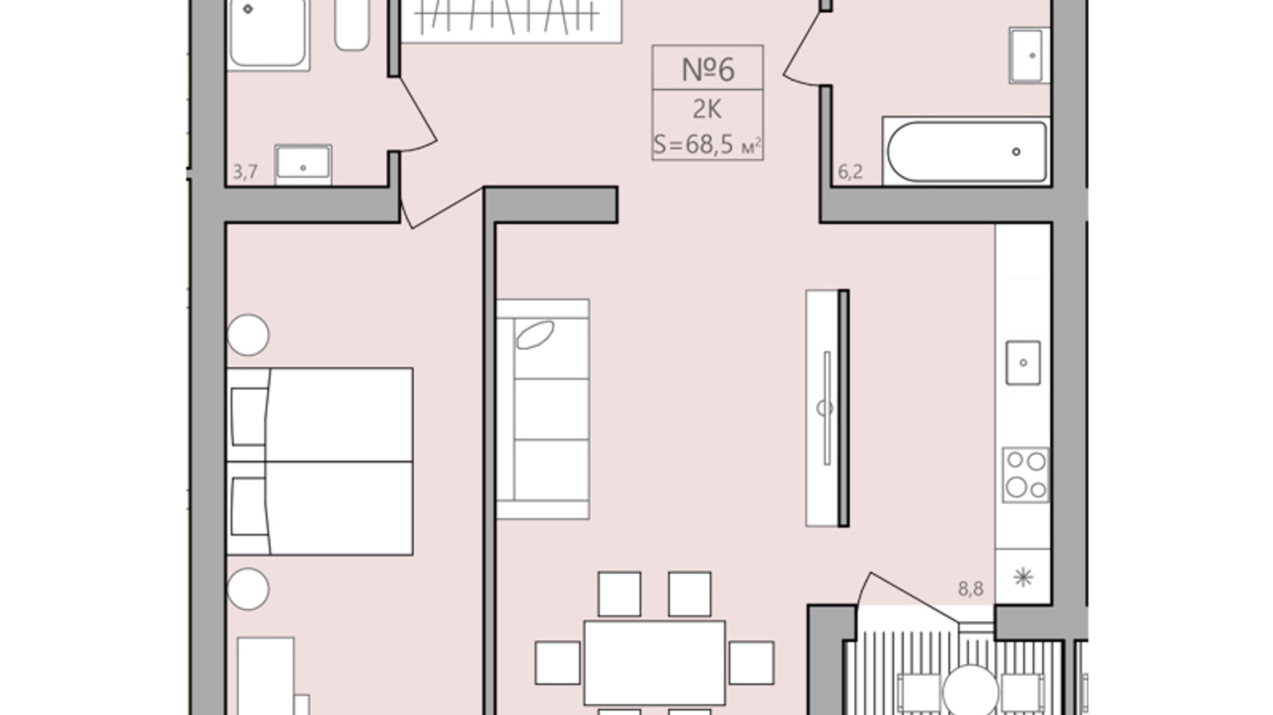 Планування 2-кімнатної квартири в ЖК ЕкоДім 68.5 м², фото 225586