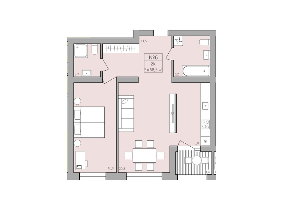 Планировка 2-комнатной квартиры в ЖК ЕкоДом 68.5 м², фото 225586 Планировка 2-комнатной квартиры в ЖК ЕкоДом 68.5 м², фото 225586