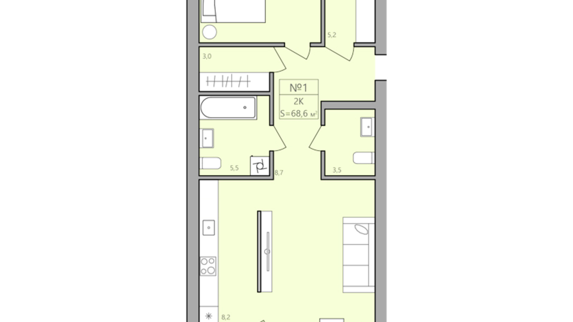 Планировка 2-комнатной квартиры в ЖК ЕкоДом 68.6 м², фото 225587