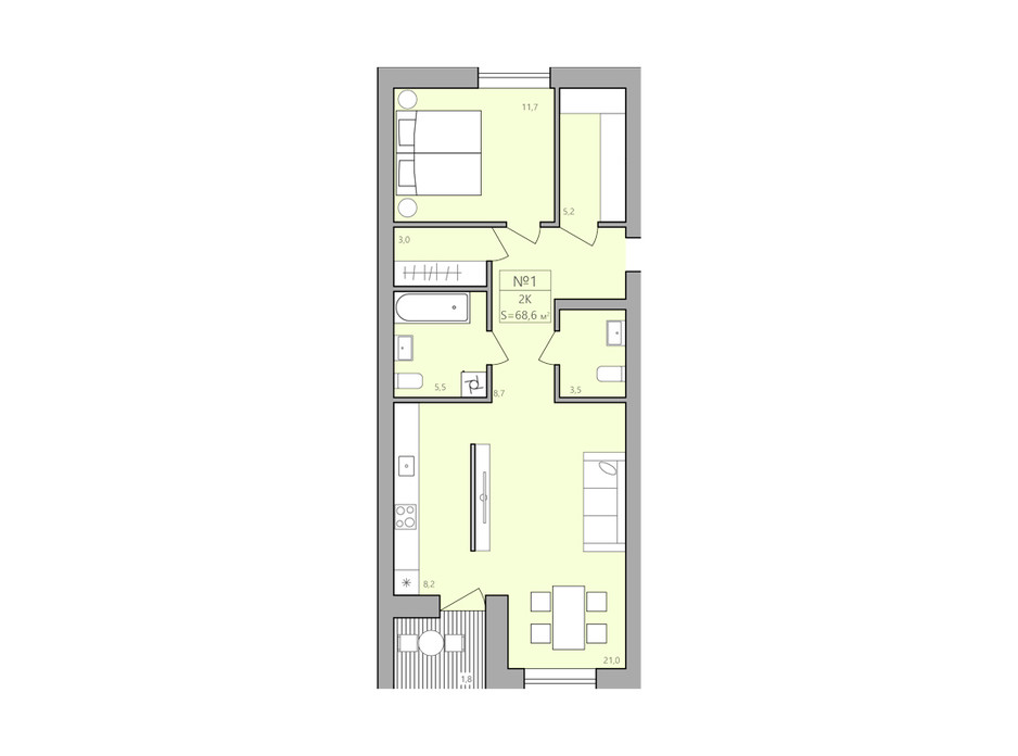 Планування 2-кімнатної квартири в ЖК ЕкоДім 68.6 м², фото 225587 Планування 2-кімнатної квартири в ЖК ЕкоДім 68.6 м², фото 225587