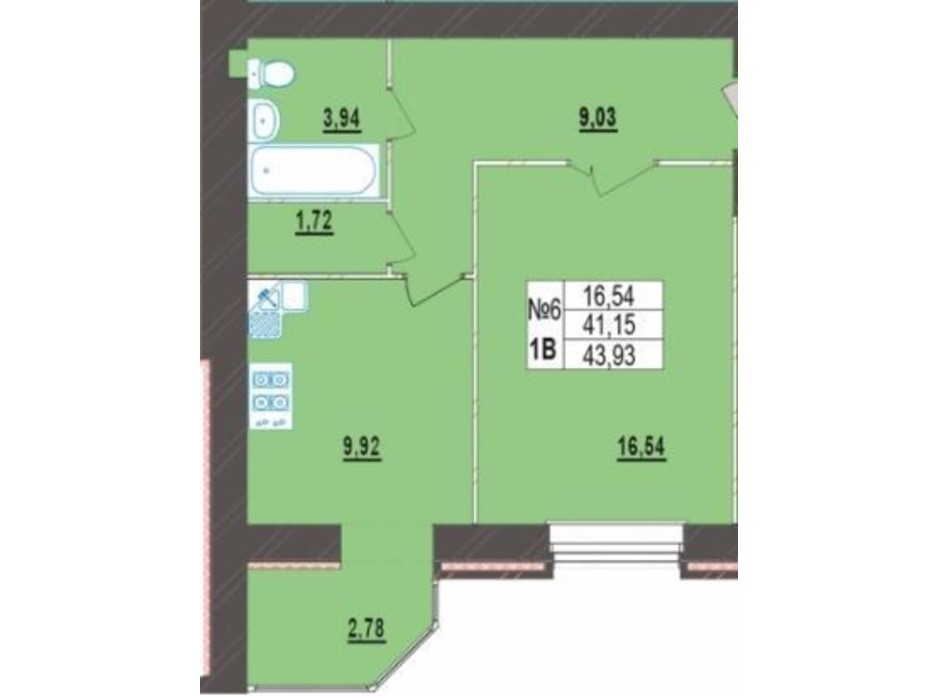 Планування 1-кімнатної квартири в ЖК Левада Нова 43.93 м², фото 225719 Планування 1-кімнатної квартири в ЖК Левада Нова 43.93 м², фото 225719