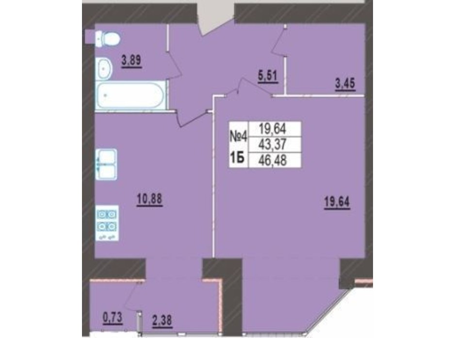 Планування 1-кімнатної квартири в ЖК Левада Нова 46.48 м², фото 225720 Планування 1-кімнатної квартири в ЖК Левада Нова 46.48 м², фото 225720