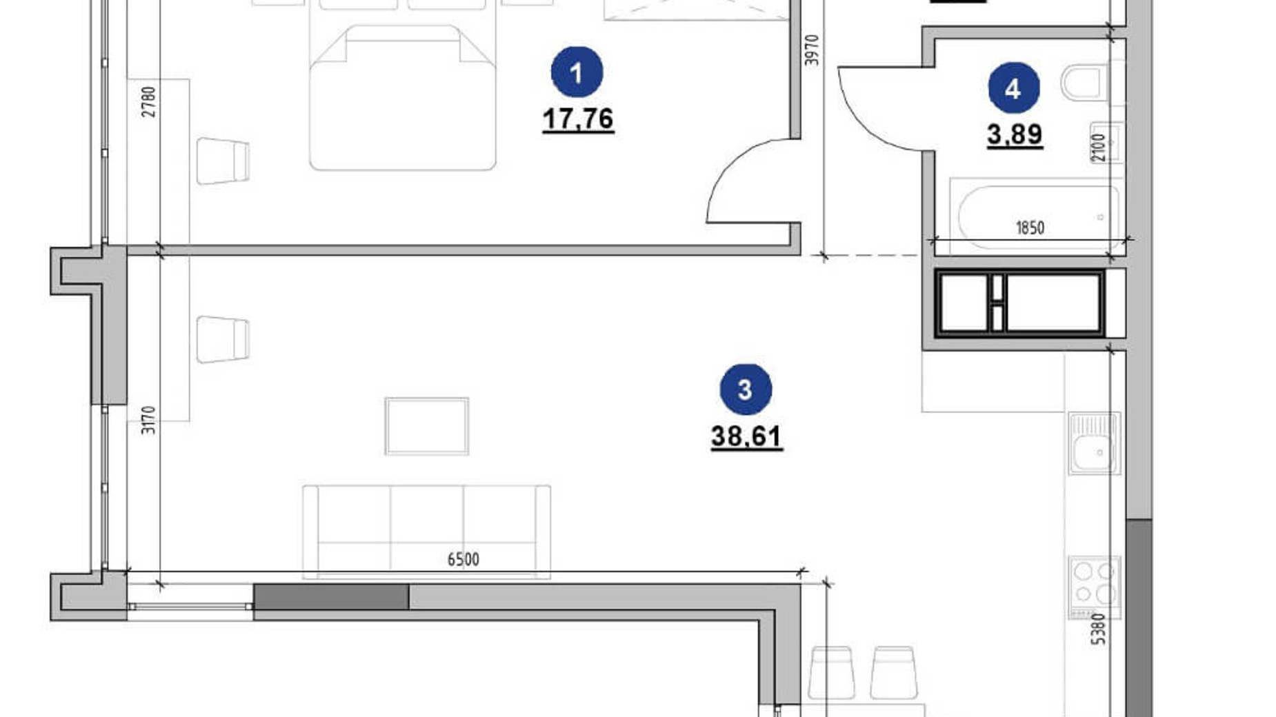 Планування 1-кімнатної квартири в ЖК Nordica Residence 68.9 м², фото 225725