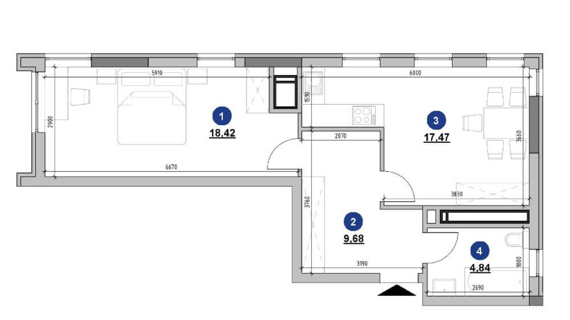 Планування 1-кімнатної квартири в ЖК Nordica Residence 50.41 м², фото 225727