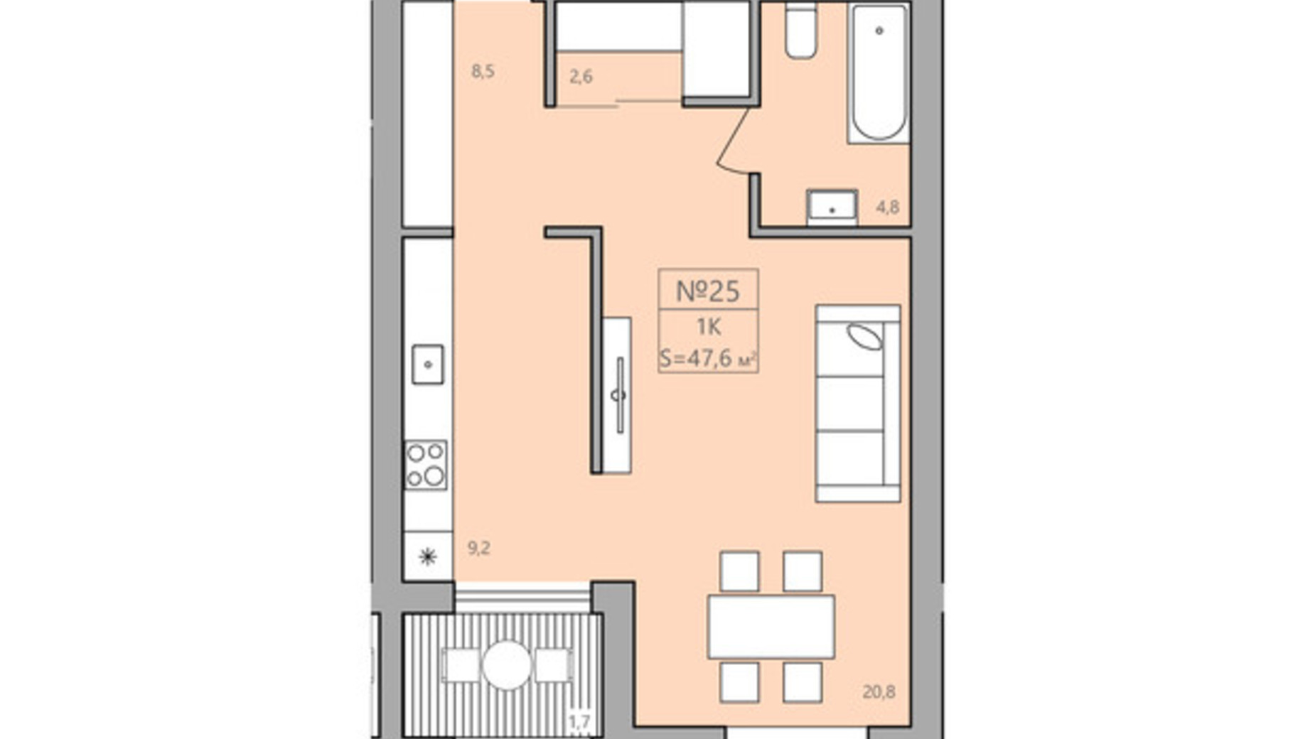 Планировка 1-комнатной квартиры в ЖК ЕкоДом 47.3 м², фото 226550