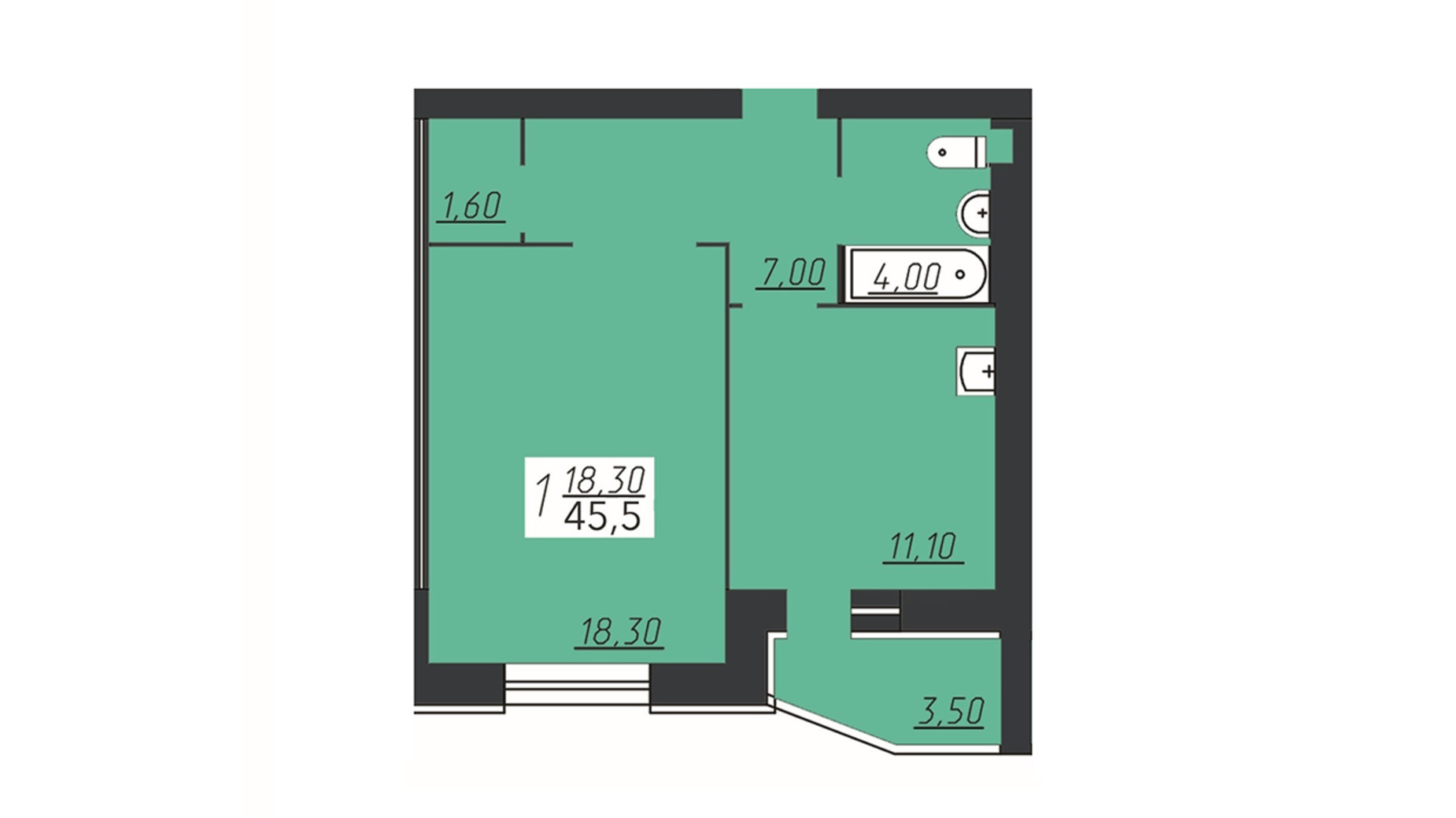 Планування 1-кімнатної квартири в ЖК Щасливий 45.5 м², фото 226638