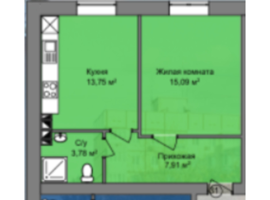 Планировка 1-комнатной квартиры в КД Березинский 40.53 м², фото 226862 Планировка 1-комнатной квартиры в КД Березинский 40.53 м², фото 226862