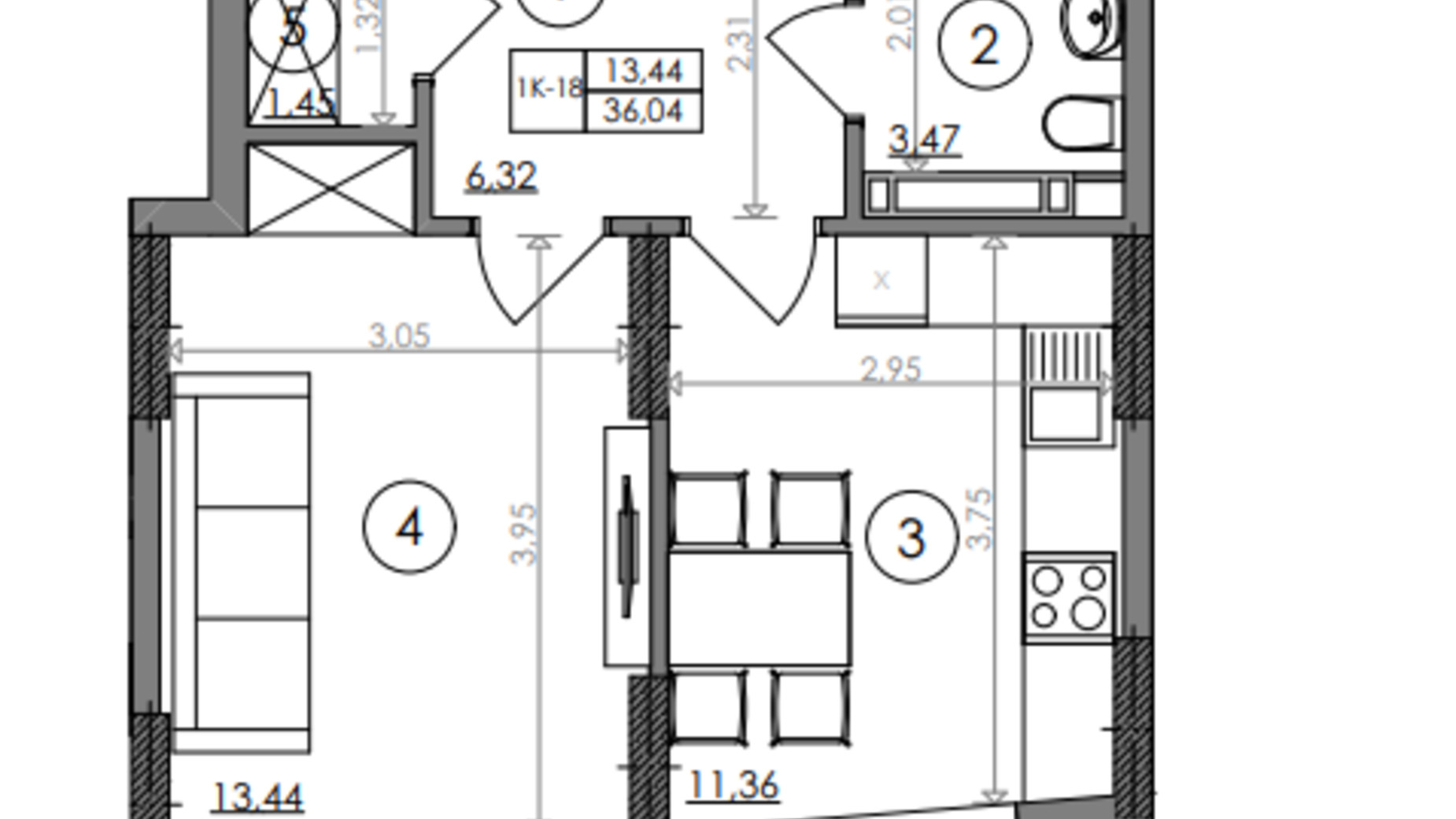 Планування 1-кімнатної квартири в ЖК Svitlo Park 36.04 м², фото 226918