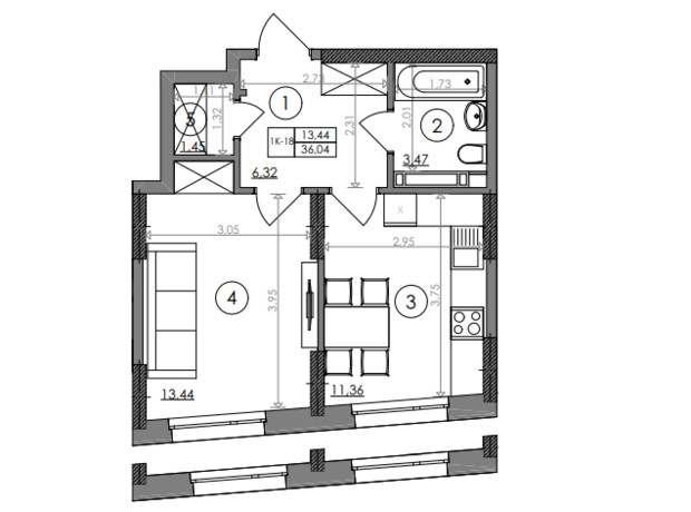 ЖК Svitlo Park: планування 1-кімнатної квартири 36.04 м²