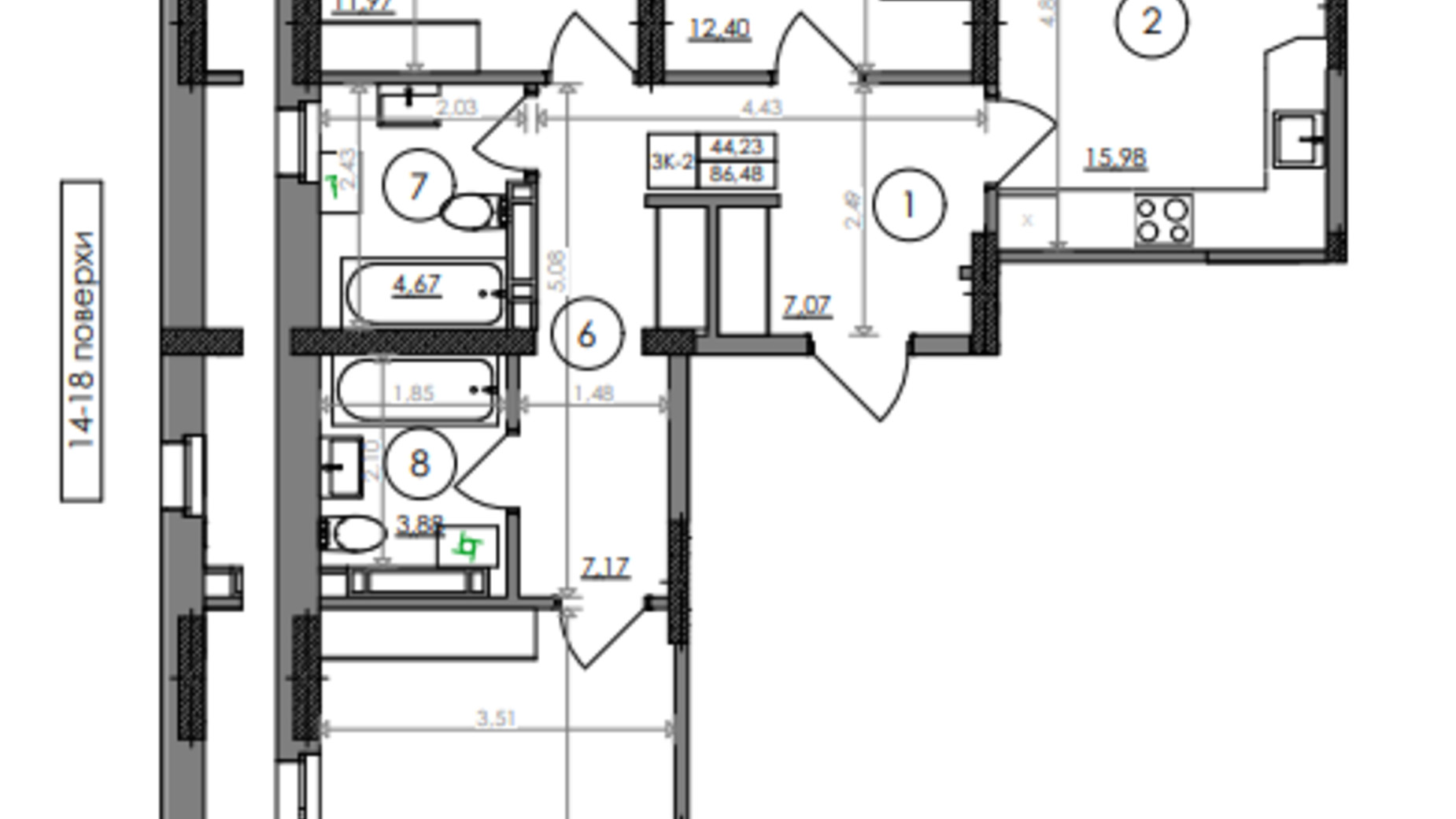 Планування 3-кімнатної квартири в ЖК Svitlo Park 86.48 м², фото 226941
