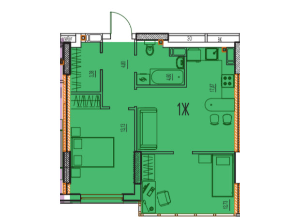 ЖК Derby Style House: планування 1-кімнатної квартири 57.26 м²