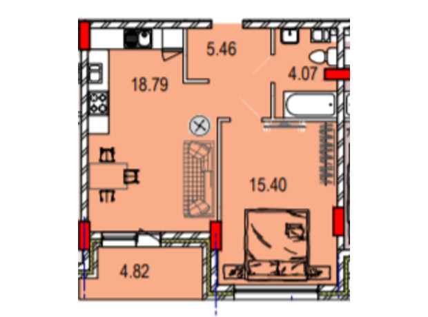 ЖК Derby Style House: планування 1-кімнатної квартири 46.49 м²